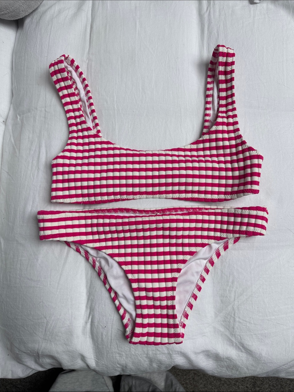 NWOT Solid & Striped Elle Bikini Stripe Rib Strawberry Pink and White Sz Small
